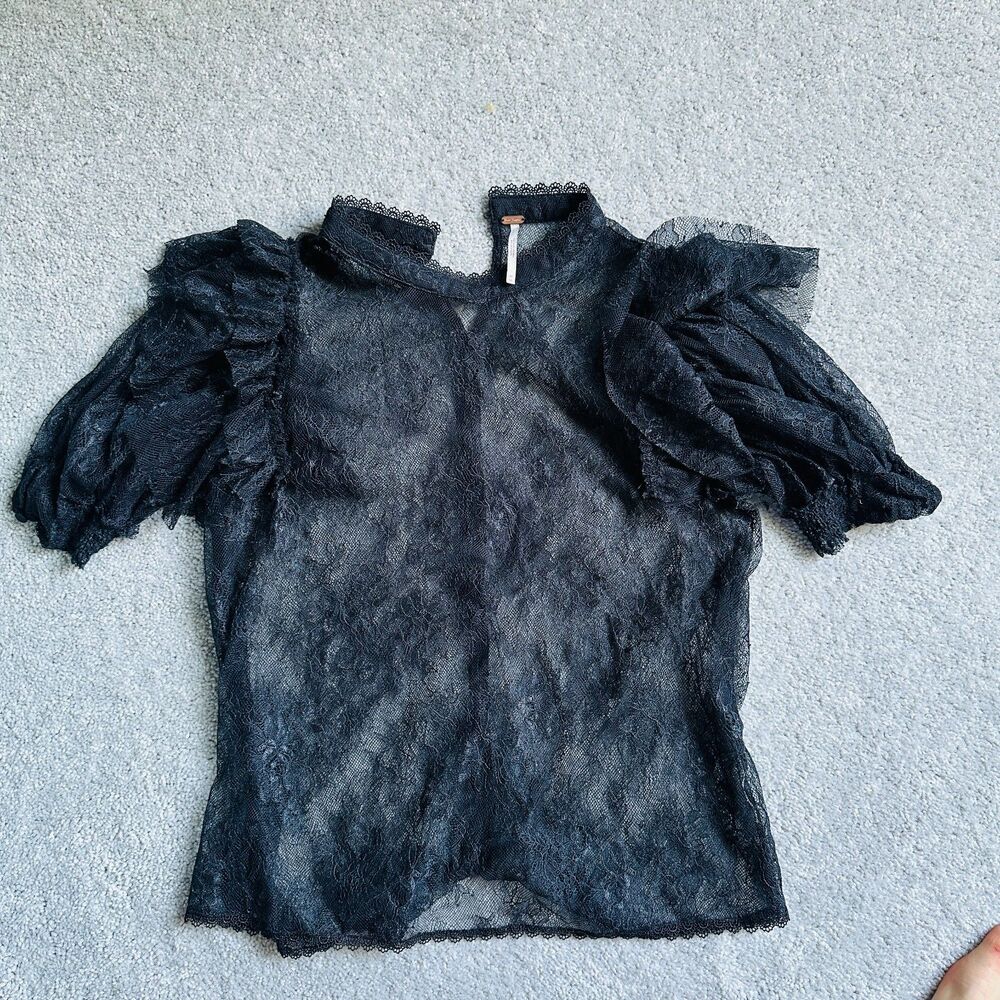 Free People Lace Sheer Blouse with Ruffled Shoulders and Flower Design